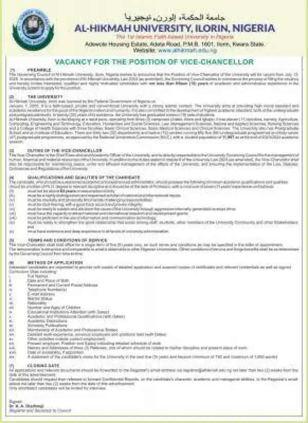 Al-Hikmah University announces vacancy for the Post of Vice Chancellor