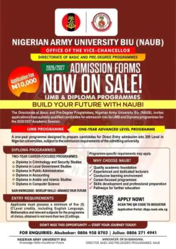 NAUB IJMB/Diploma Programme Admission form, 2026/2027