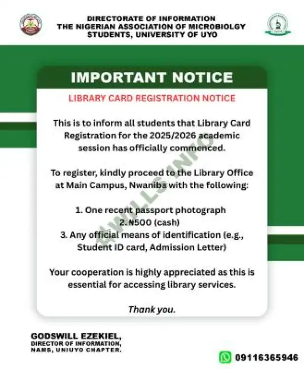 UNIUYO Dept. of Microbiology Library Card registration, 2025/2026