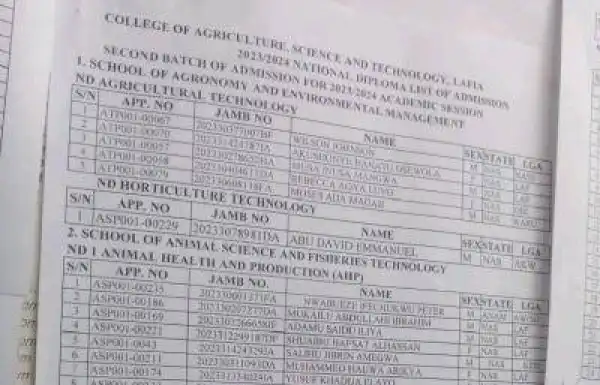 College of Agriculture, Science & Tech. Lafia releases 2nd batch admission list, 2023/2024