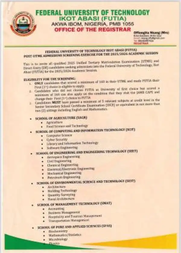 FUTIA Post-UTME/DE 2025: cut-off mark, eligibility and registration details