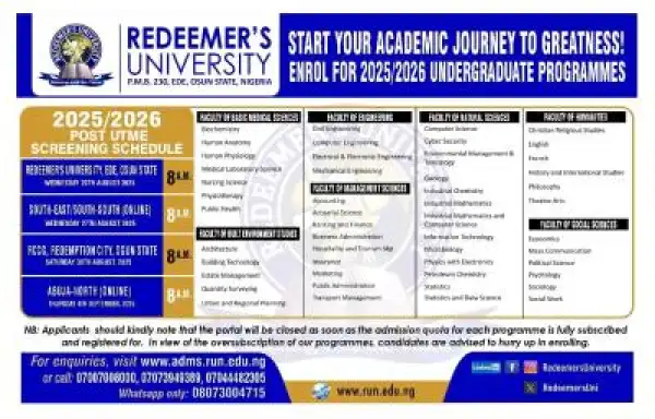 Redeemers University (RUN) Post-UTME 2025: Eligibility and Registration Details