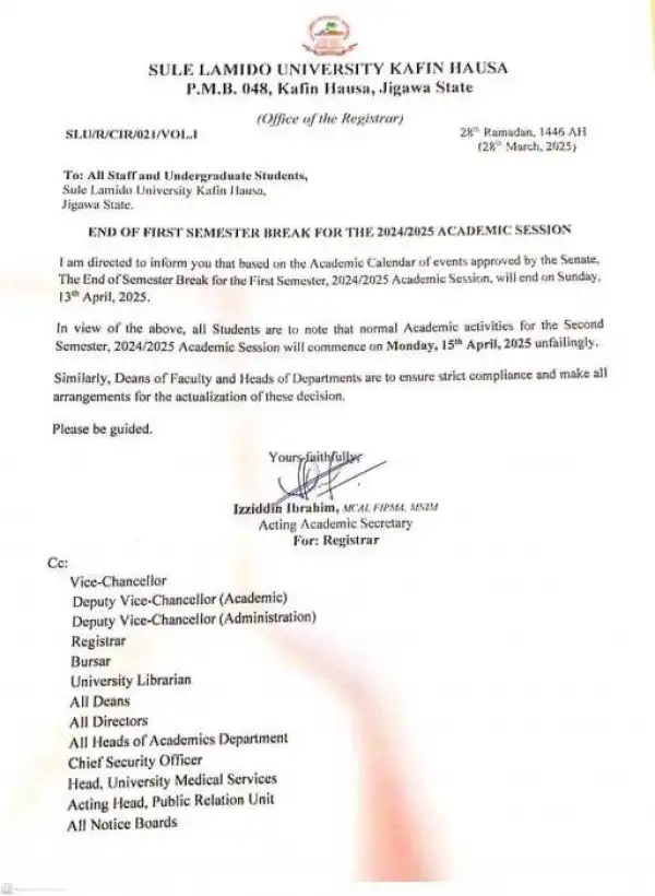 SLU notice on end of 1st semester break 2024/2025