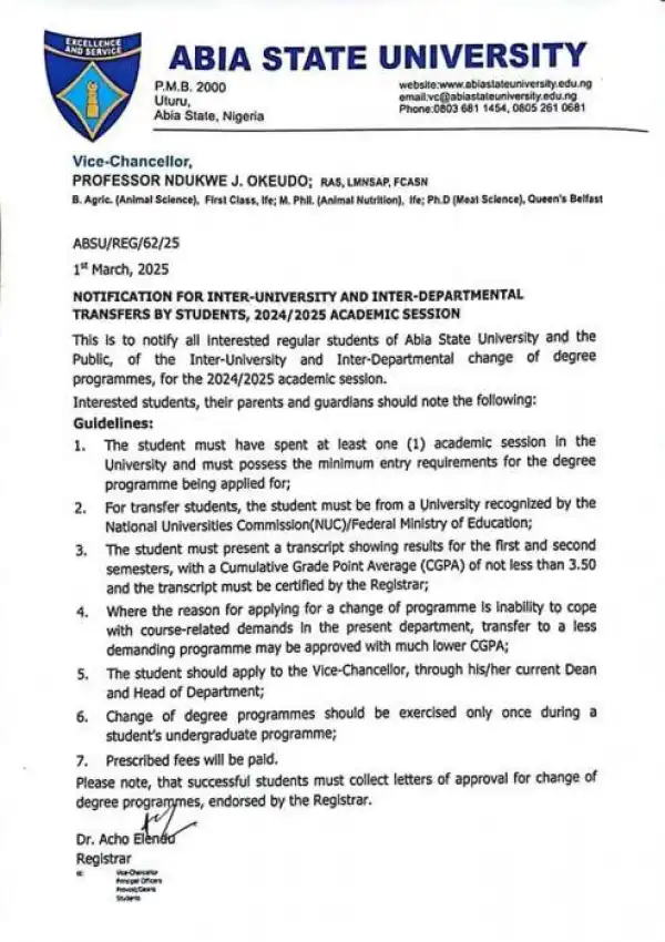 ABSU Inter-University and Inter-Departmental Transfers forms, 2024/2025