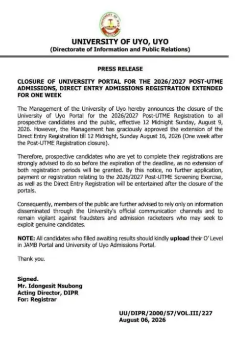UNIUYO announces deadline for Post-UTME registration, extends direct entry registration by 1 week