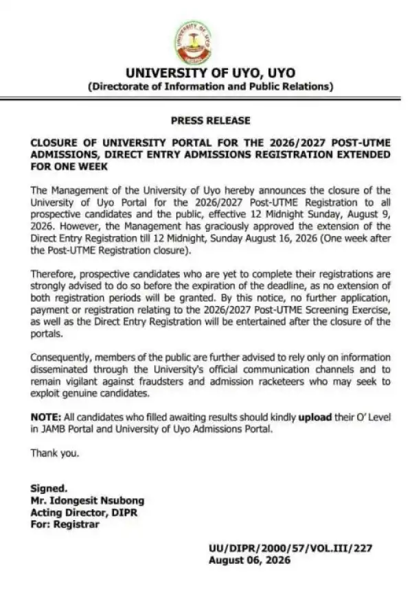 UNIUYO announces deadline for Post-UTME registration, extends direct entry registration by 1 week