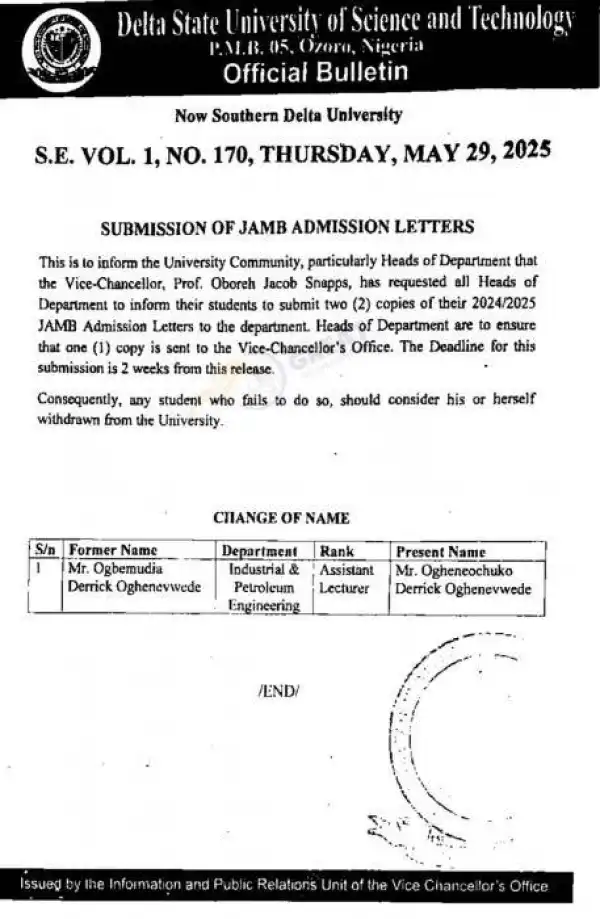 DSUST, Ozoro notice to admitted students, 2024/2025 on submission of admission letters