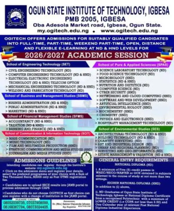 OGITECH releases ND/HND Admission form, 2026/2027