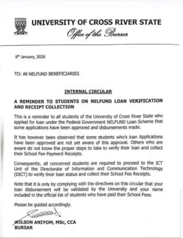 UNICROSS notice to NELFUND beneficiaries on verification and receipt collection