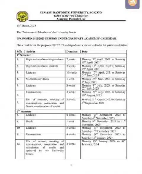 UDUS proposed academic calendar for undergraduate 2022/2023 session