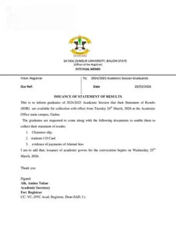 SAZU notice to graduating students, 2024/2025 session