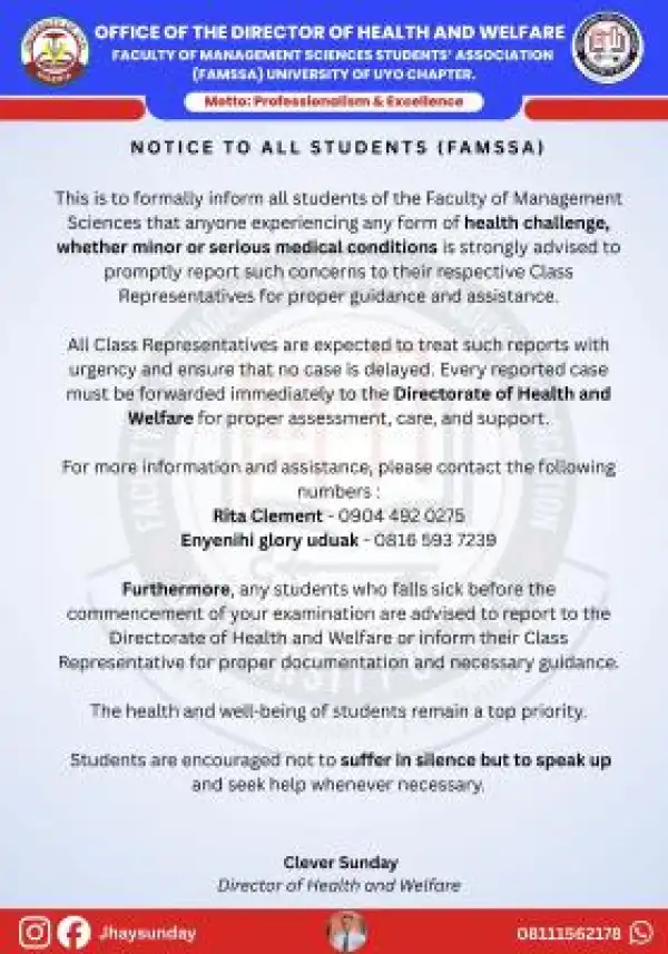 UNIUYO Faculty of Management Sciences notice to students on reporting health-related challenges