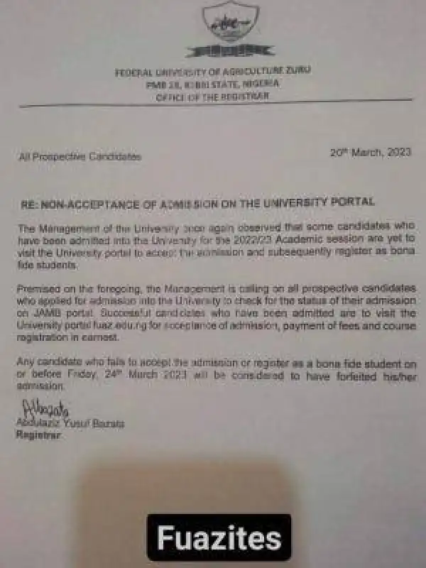 FUAZ notice to applicants yet to accept admission on school portal