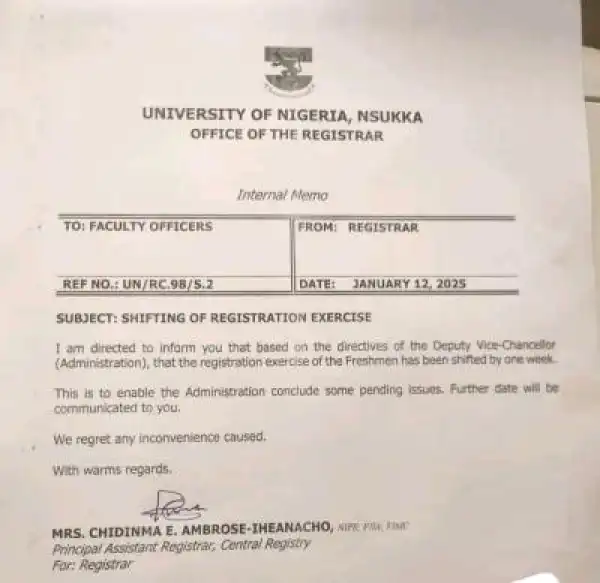 UNN shifts commencement of registration for new students , 2025/2026