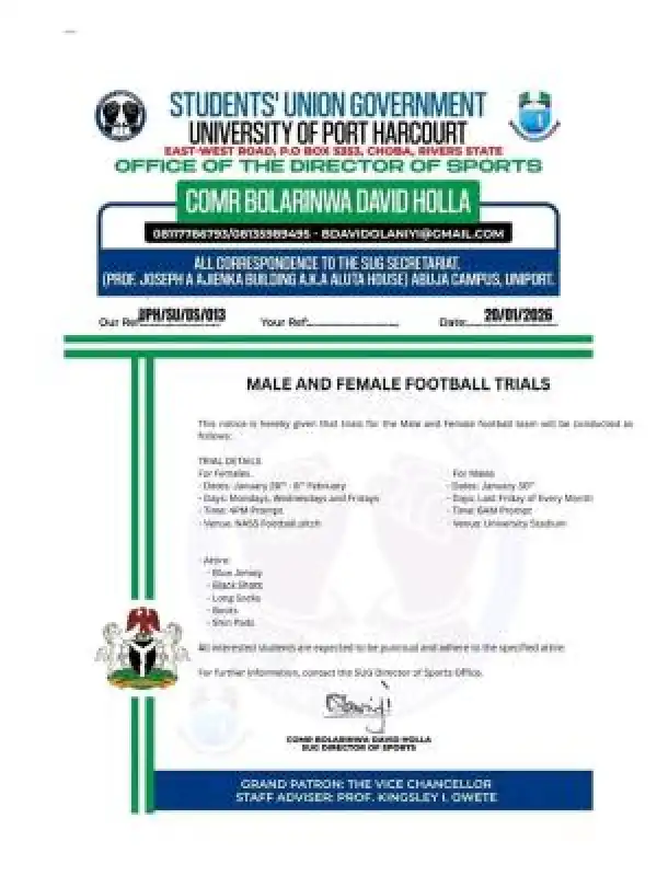 UNIPORT SUG, Director of Sports notice to students
