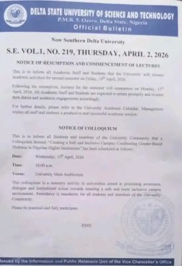 Southern Delta University notice on resumption and commencement of lectures