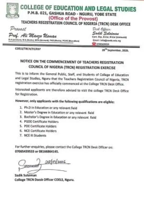 College of Education and Legal Studies, Nguru notice on TRCN Registration