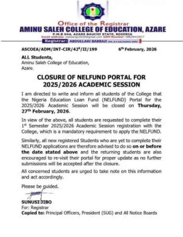 ASCOEA announces closure of NELFUND portal for 2025/2026 session