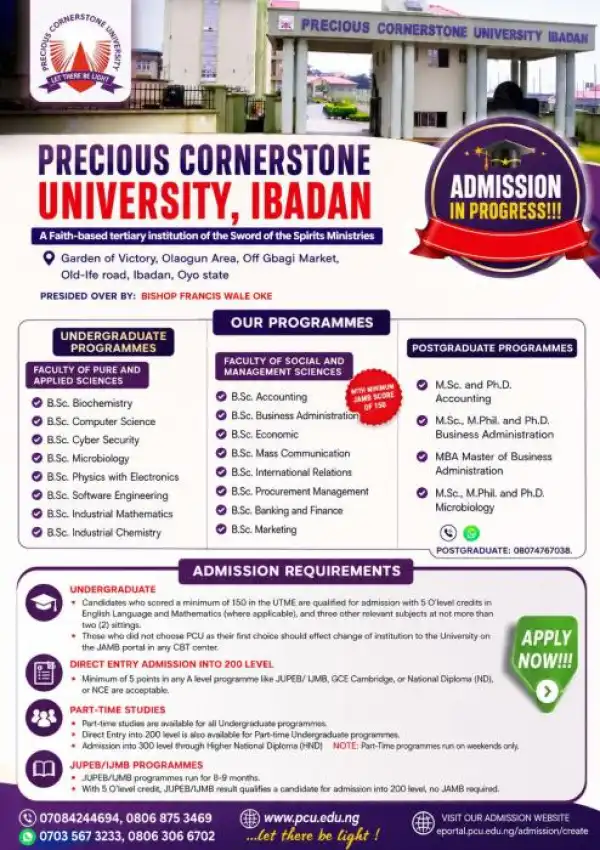 Precious Cornerstone University Post-UTME/DE 2026: Cut-off mark, Eligibility and Registration Details