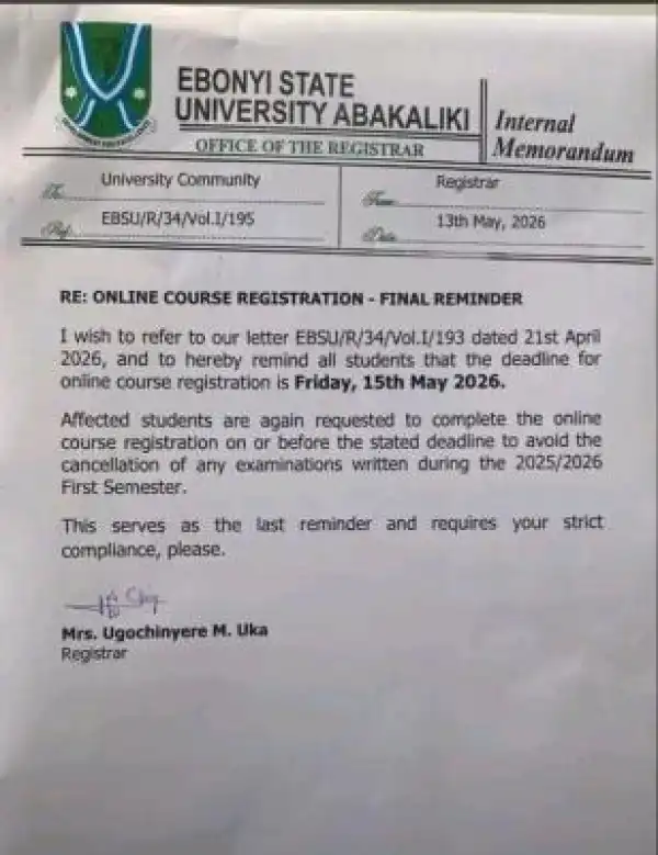 EBSU reiterates online course registration deadline