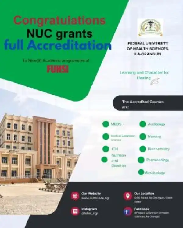 FUHSI gets NUC full accreditation for MBBS and 8 new academic programmes