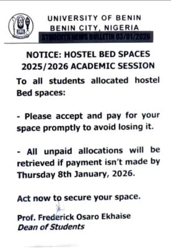 UNIBEN notice to students allocated bed spaces for 2025/2026 session