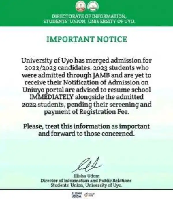 UNIUYO SUG notice 2023 admitted students yet to receive notification of admission on school