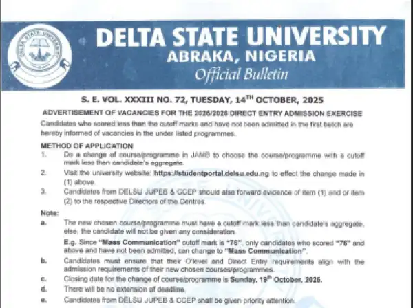DELSU notice to Direct Entry students on admission vacancies 2025/2026