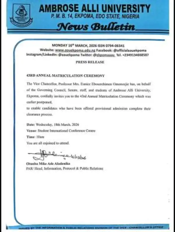 AAU 43rd matriculation ceremony holds March 18th