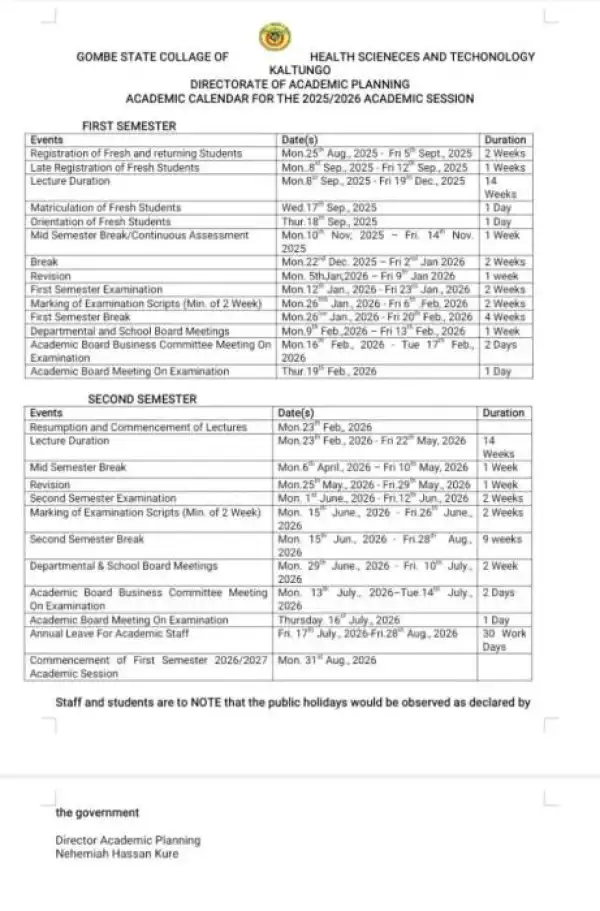 Gombe College of Health Tech releases academic calendar, 2025/2026