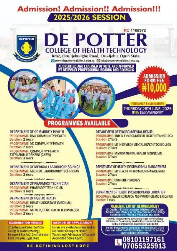 De Potter College of Health Technology admission form, 2025/2026