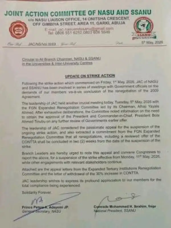 SSANU, NASU hint on suspension of strike by next week