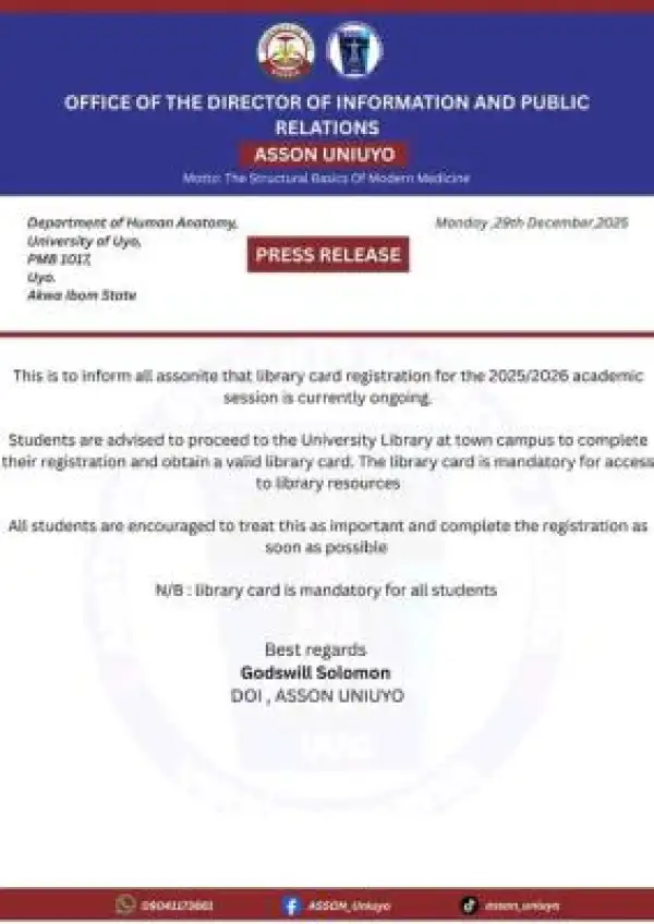 UNIUYO Human Anatomy Department notice on Library Card Registration for 2025/2026 Session