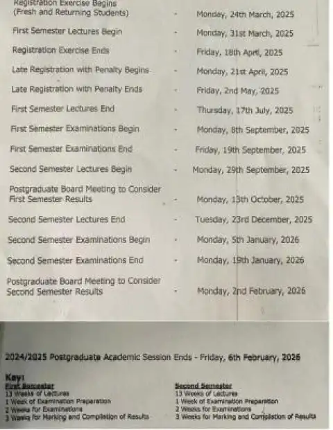 FUNAAB Revised academic calendar for Postgraduate, 2024/2025