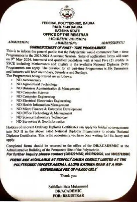 Fed Poly Daura announces ND PT Admission 2023/2024