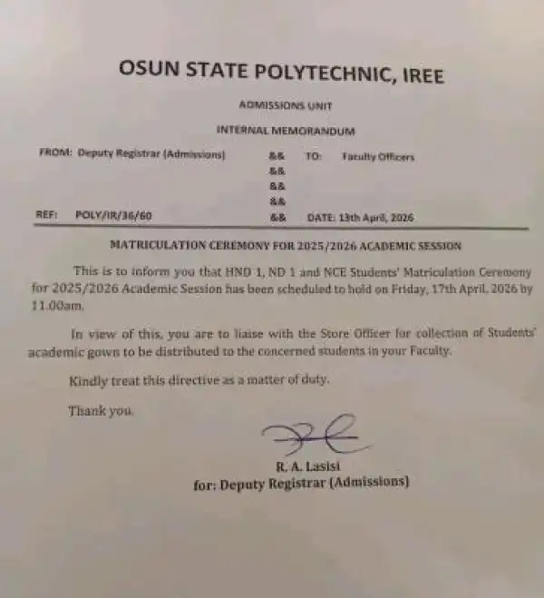 OSPOLY matriculation ceremony for 2025/2026 Academic Session