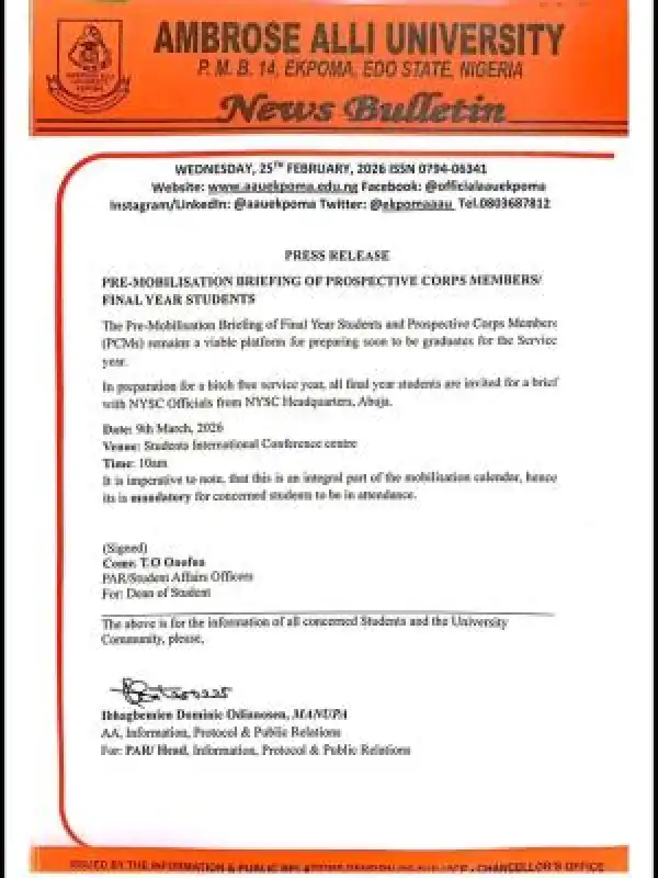 AAU schedules pre-mobilization briefing exercise for Final Year students