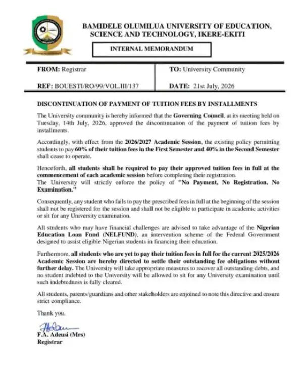 BOUESTI announces discontinuation of payment of tuition fees by installments