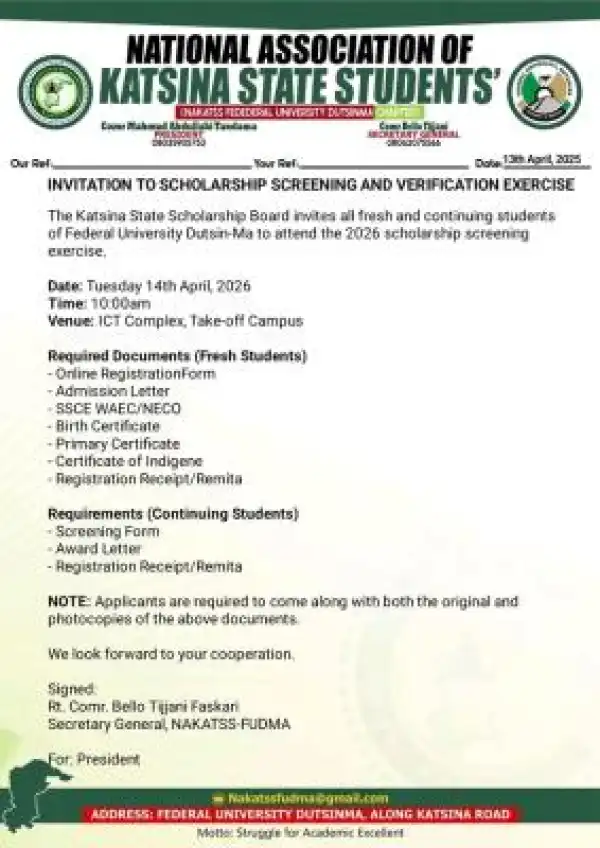 Katsina State Scholarship Board Announces Screening Exercise for FUDMA Students