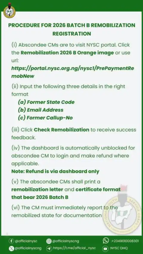NYSC announces procedure for 2026 Batch B remobilization registration