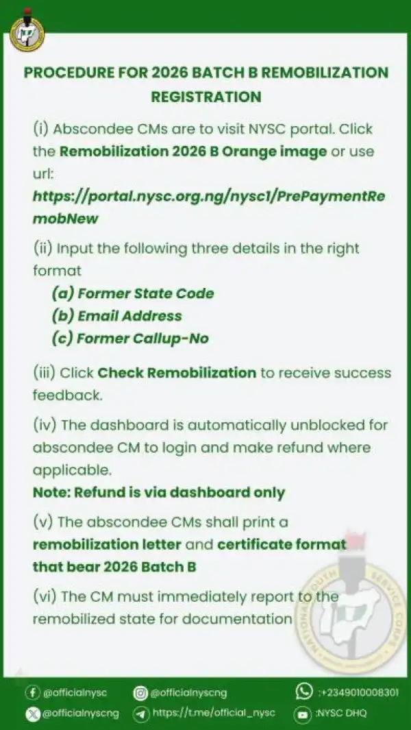 NYSC announces procedure for 2026 Batch B remobilization registration
