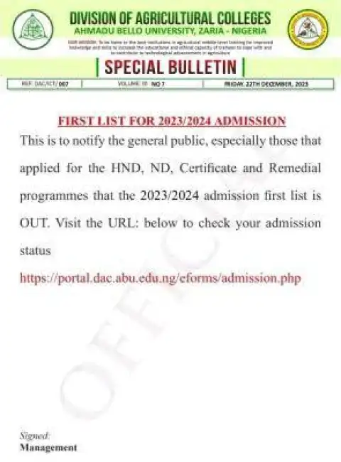 ABU Zaria Division of Agricultural College 1st batch admission lists, 2023/2024