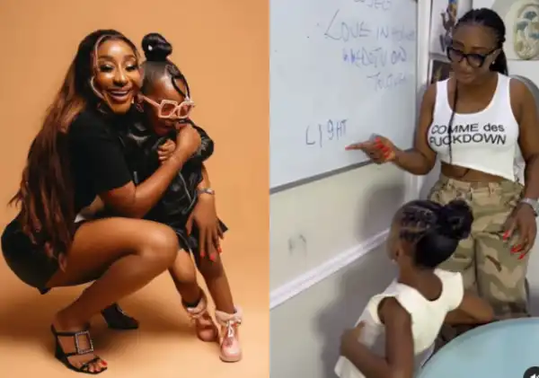 Fans Reacts as Ini Edo Teaches Daughter How to Spell