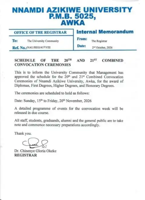 UNIZIK notice on 20th and 21st combined convocation ceremonies