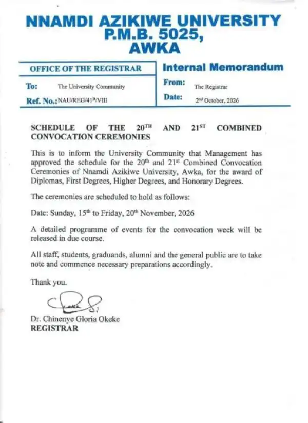 UNIZIK notice on 20th and 21st combined convocation ceremonies