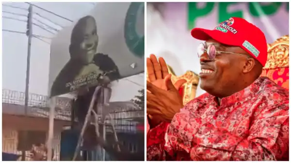 You’re An Evil Man – Youths In Fubara’s Village Dismantle Wike’s Billboard After Supreme Court Judgement (Video)