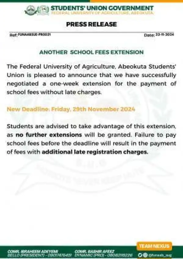 FUNAAB SUG notice on new deadline for payment of fees