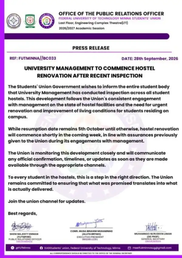 FUTMINNA SUG notice on Hostel Renovation