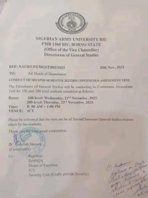 NAUB notice to 100 & 200 Level students on second semester GST CA Test, 2023/2024 session