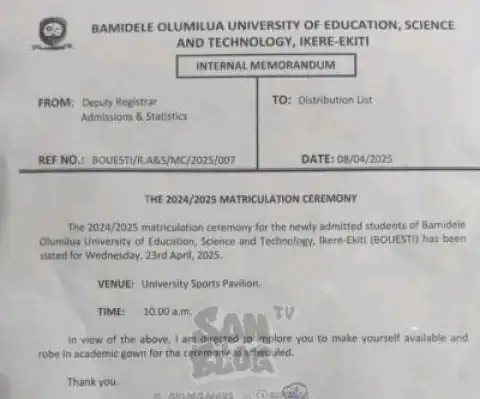 BOUESTI announces Matriculation ceremony for 2024/2025 academic session